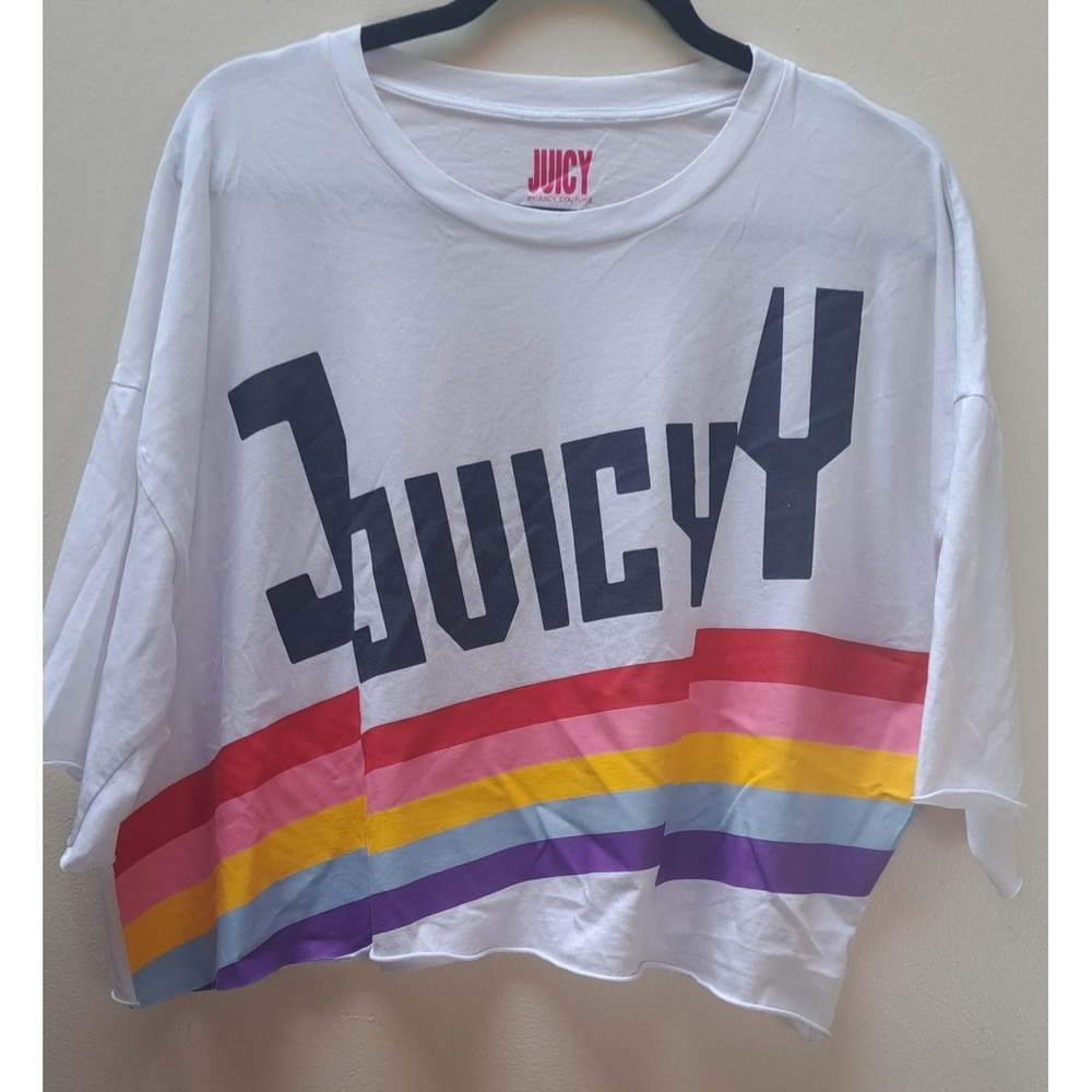 Juicy by Juicy Couture Womens XL White Rainbow Logo Cropped Raw Hem T-Shirt